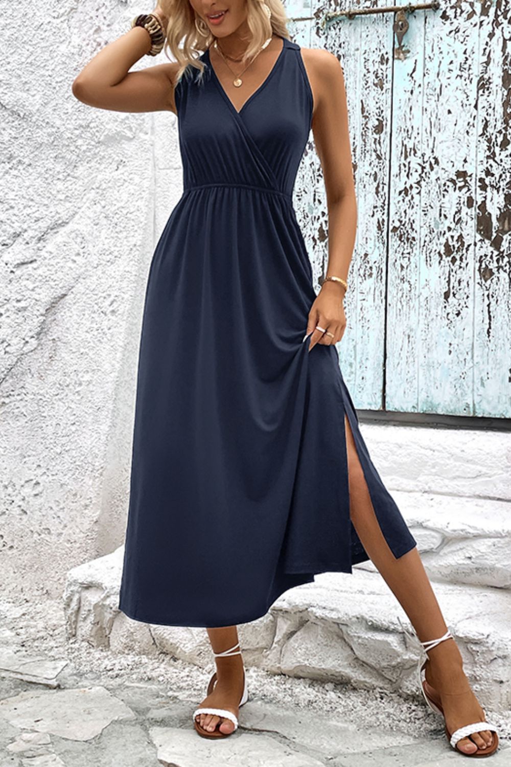 chic and classy Surplice Neck Slit Sleeveless Midi Dress