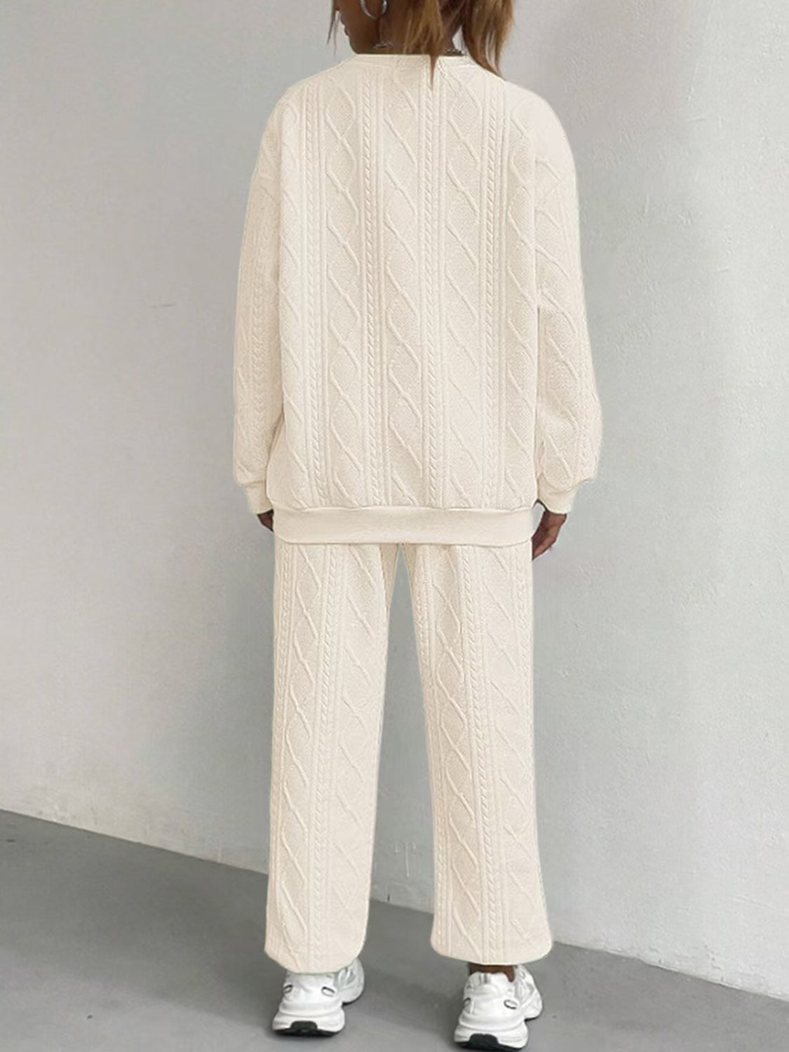 Texture Round Neck Top and Pants Set in Beige at Cart Retail