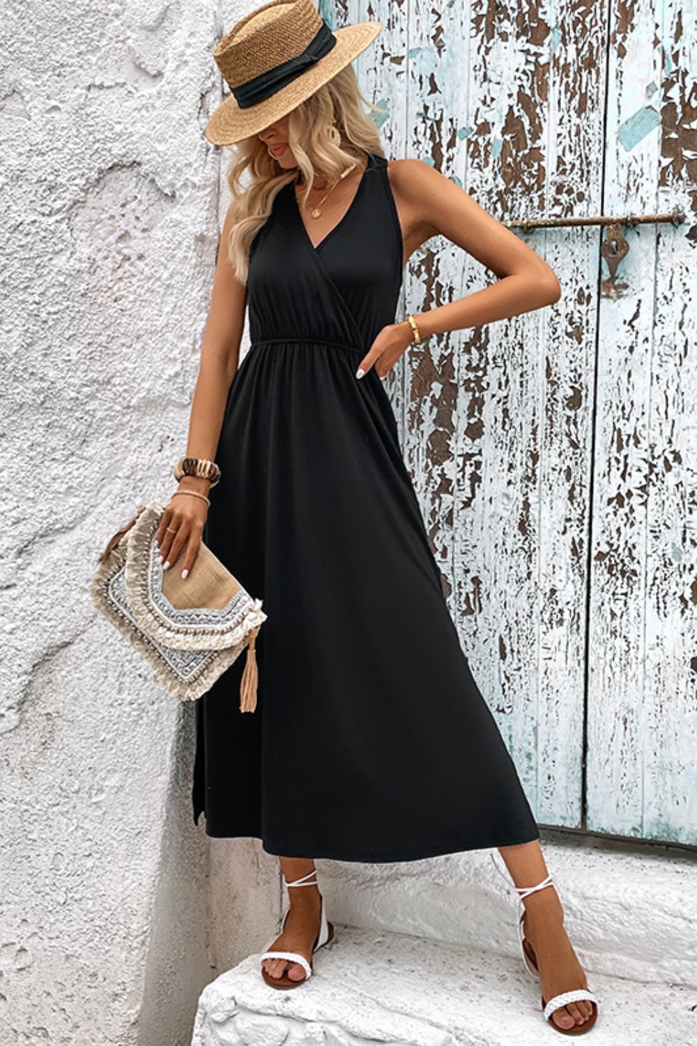 chic and classy Surplice Neck Slit Sleeveless Midi Dress