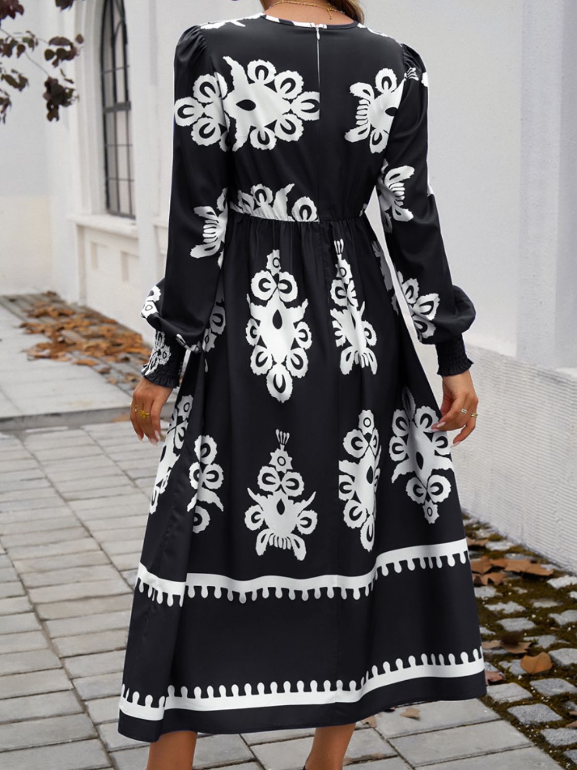 Black and White Printed Surplice Lantern Sleeve Midi Dress by Cart Retail