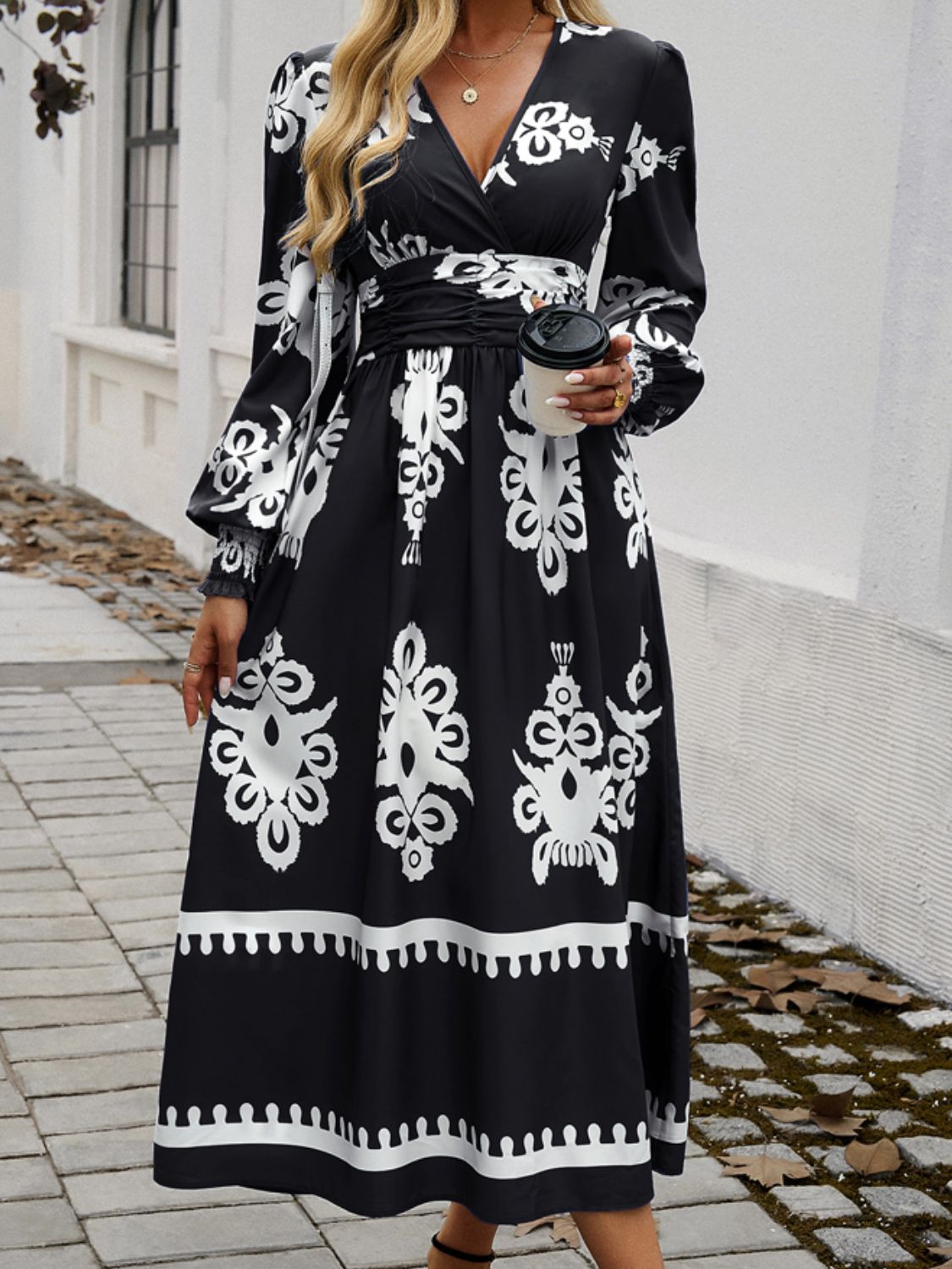 Black and White Printed Surplice Lantern Sleeve Midi Dress by Cart Retail