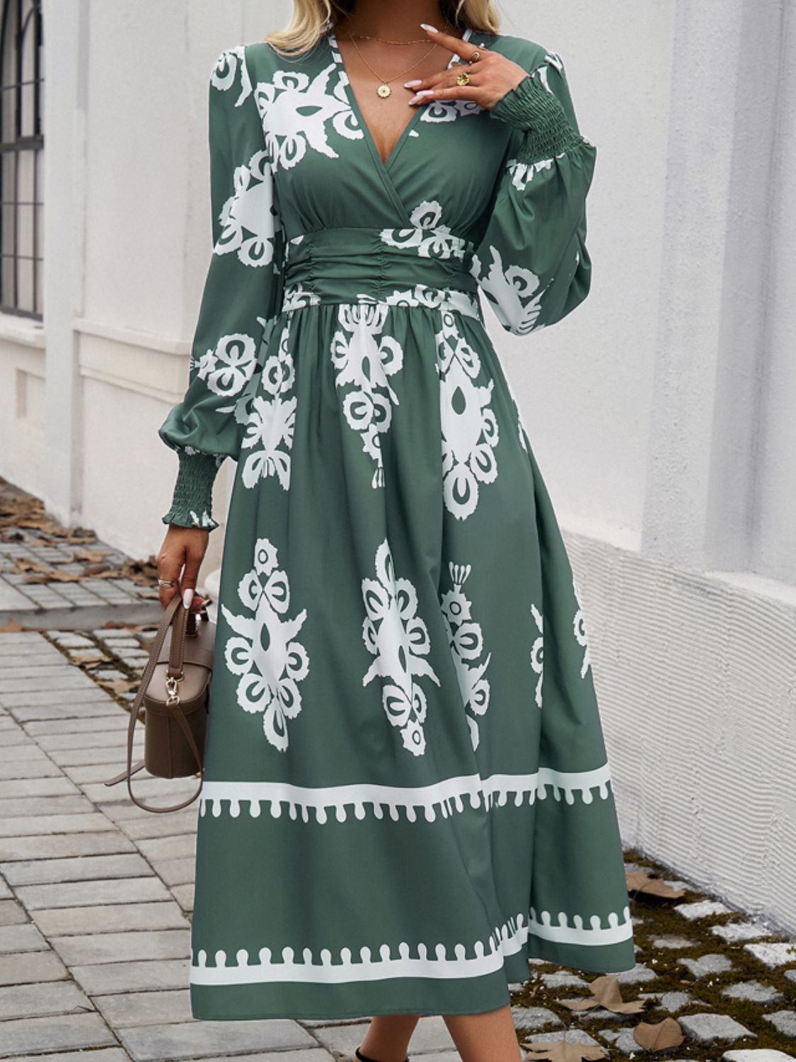 Green and White Printed Surplice Lantern Sleeve Midi Dress by Cart Retail