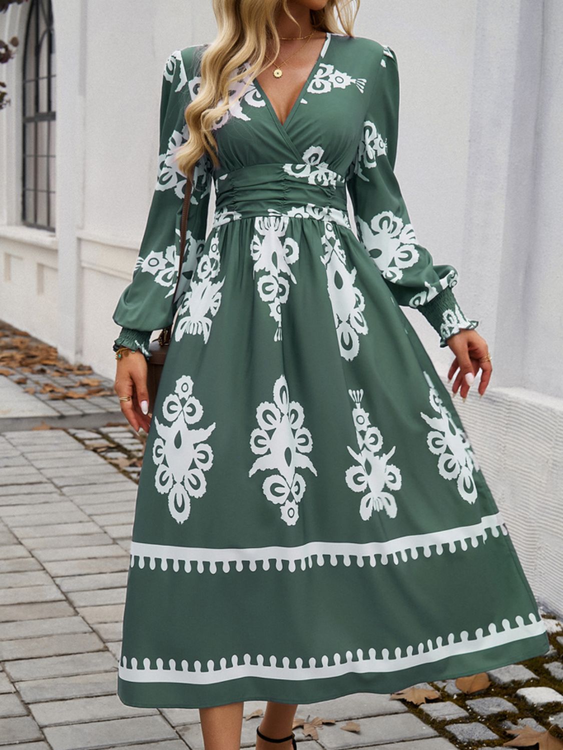 Green and White Printed Surplice Lantern Sleeve Midi Dress by Cart Retail