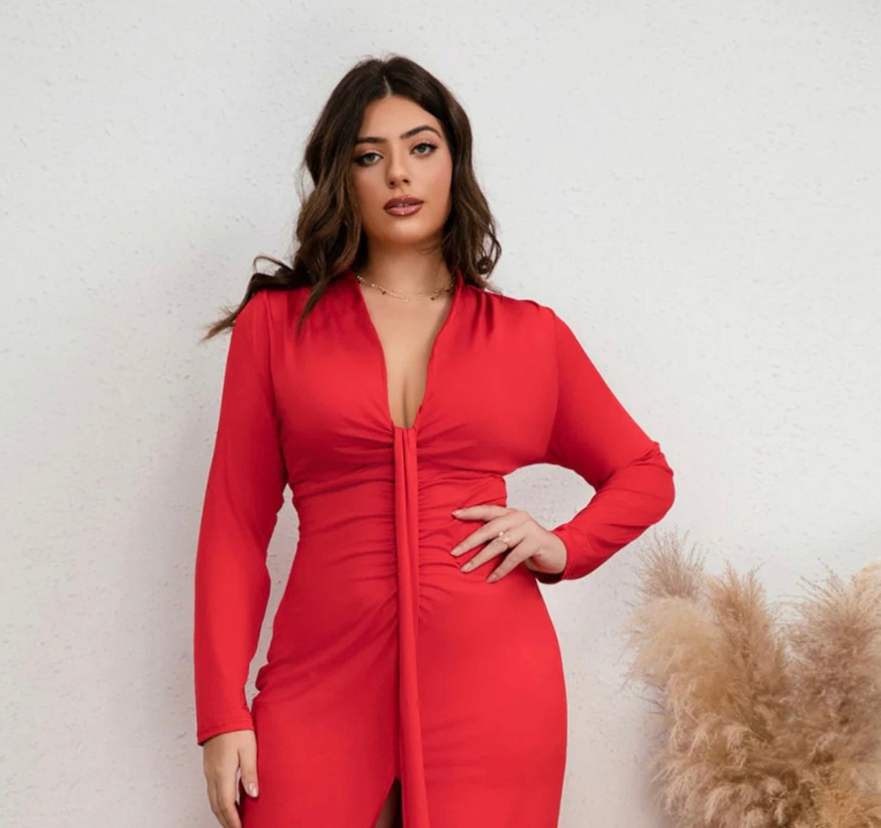 Red Plus Size Plunge Ruched Slit Dress Cart Retail