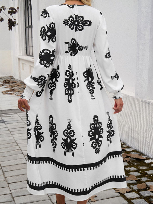 White and Black Printed Surplice Lantern Sleeve Midi Dress by Cart Retail