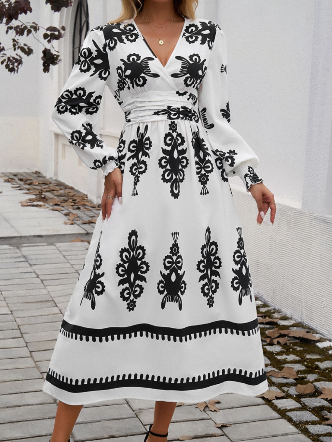 White and Black Printed Surplice Lantern Sleeve Midi Dress by Cart Retail