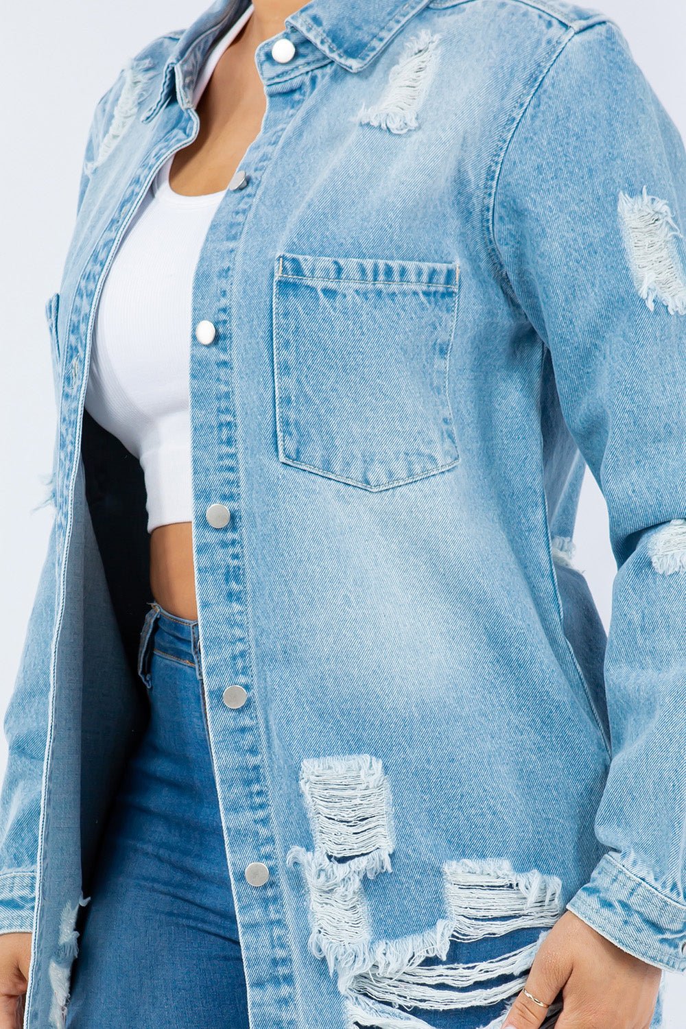 American Bazi Distressed Button Up Long Sleeve Denim Jacket - Cart Retail