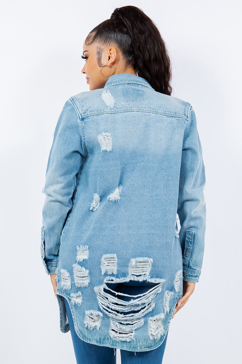 American Bazi Distressed Button Up Long Sleeve Denim Jacket - Cart Retail