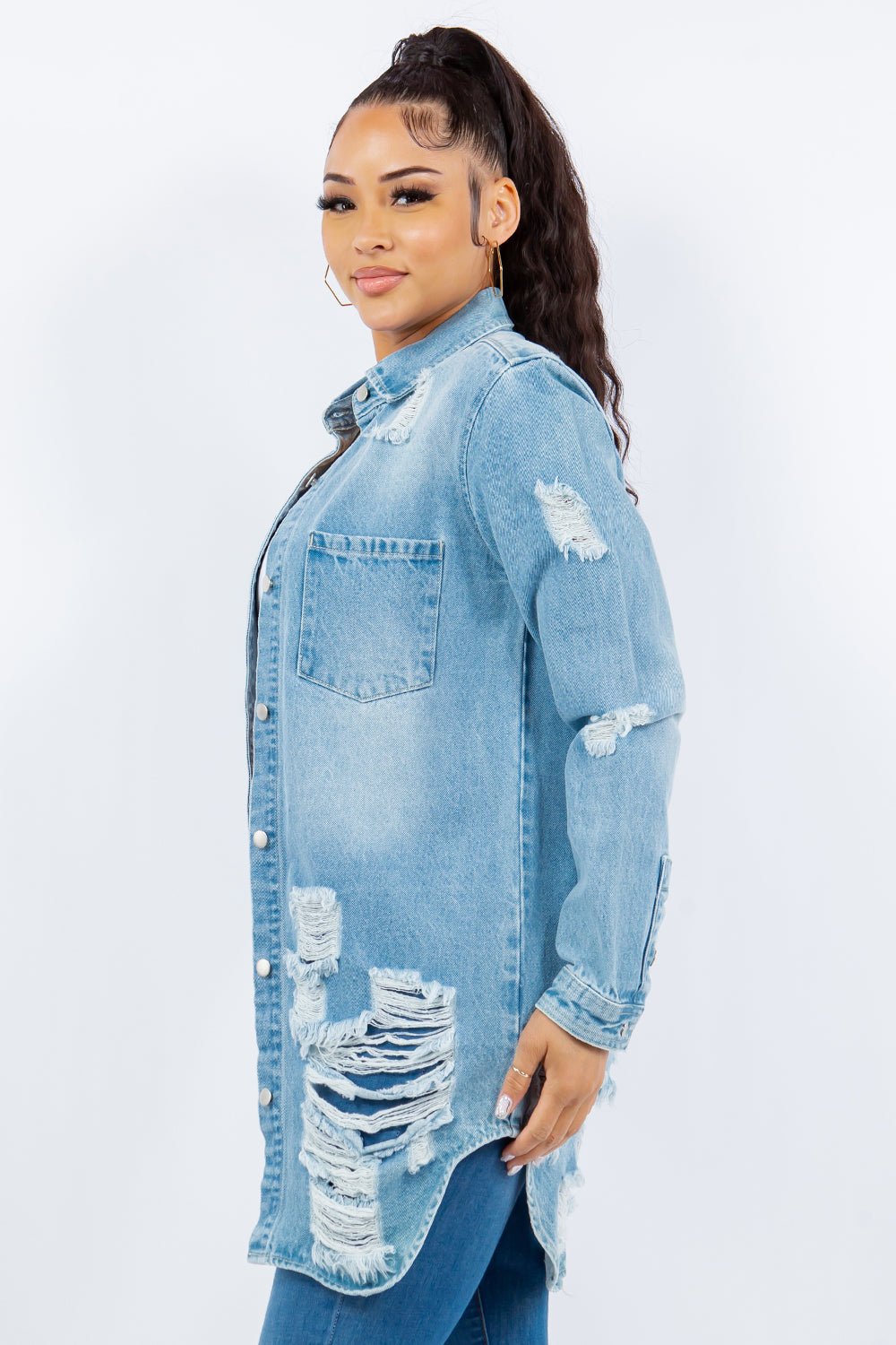 American Bazi Distressed Button Up Long Sleeve Denim Jacket - Cart Retail