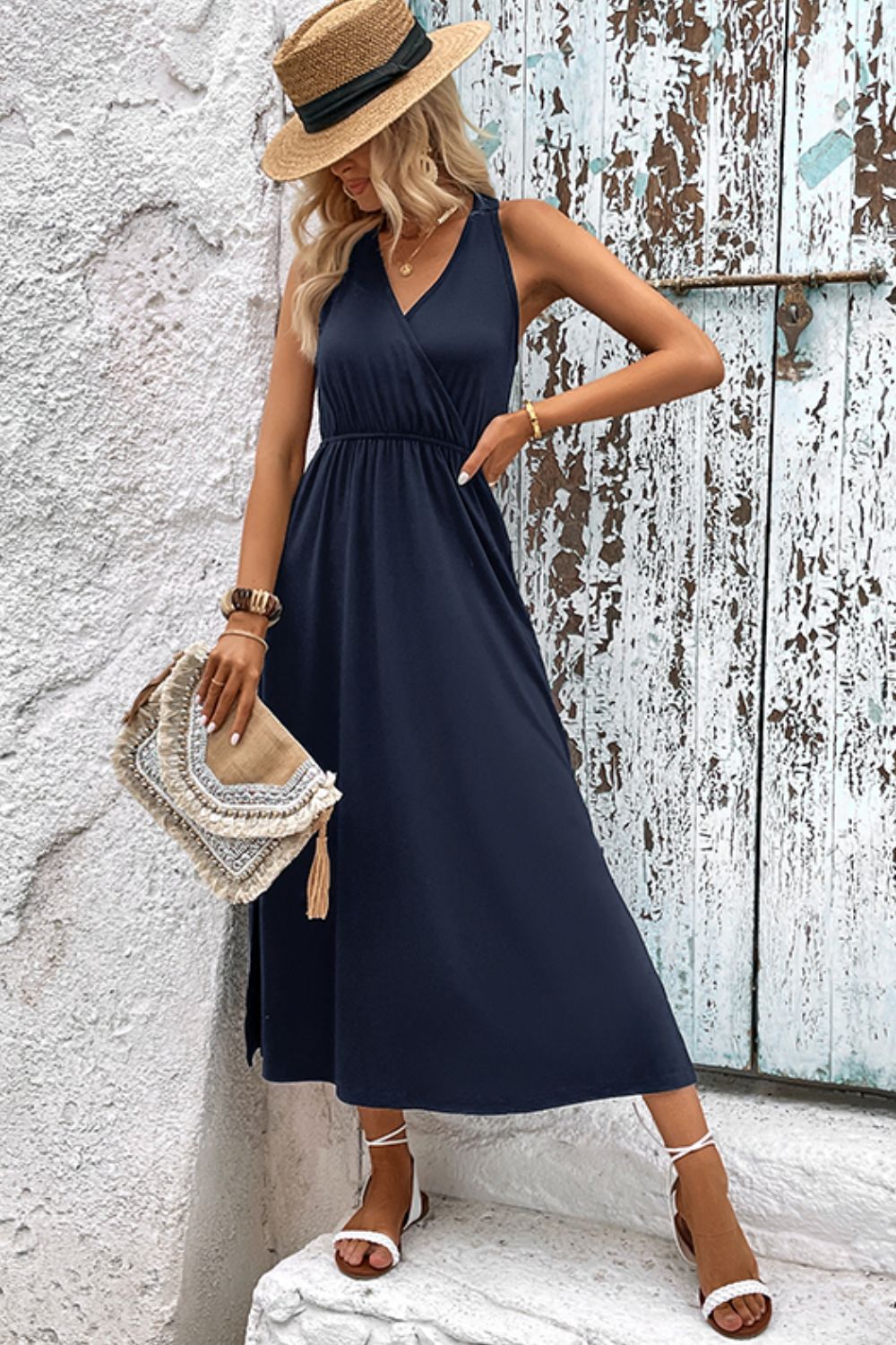 chic and classy Surplice Neck Slit Sleeveless Midi Dress