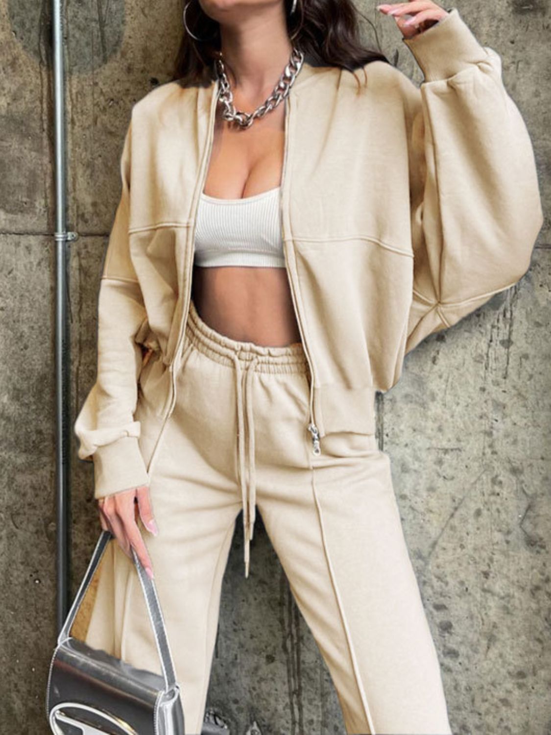 Baseball Collar Zip Up Top and Drawstring Pants Set - Cart Retail