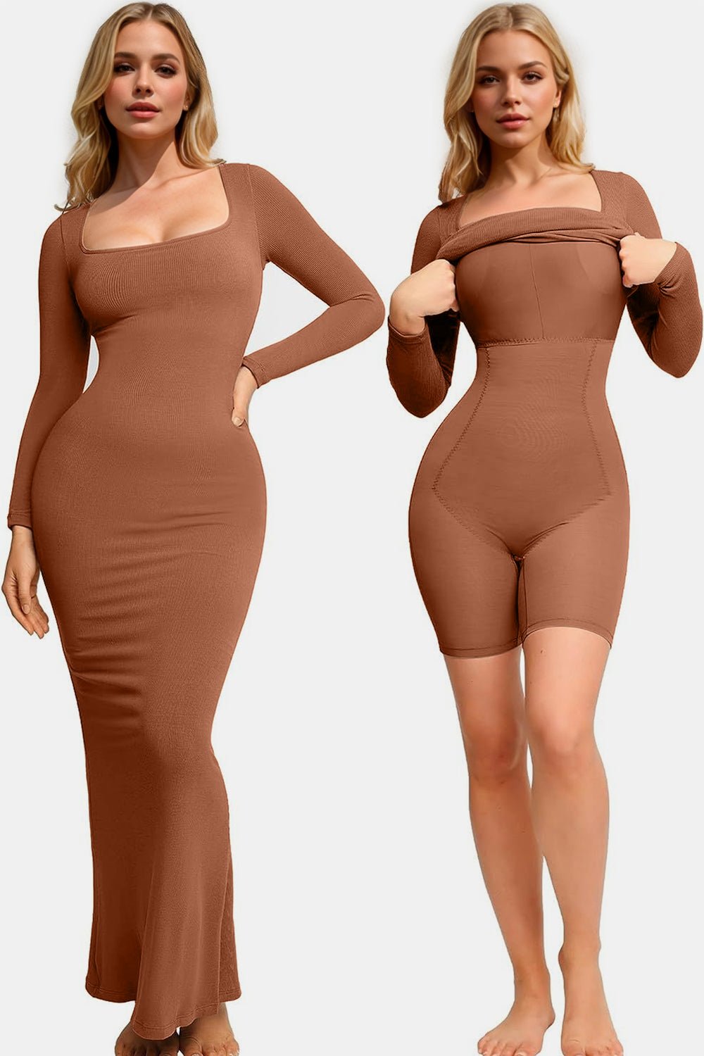 Basic Bae Built - In Shapewear Square Neck Long Sleeve Maxi Dress - Cart Retail