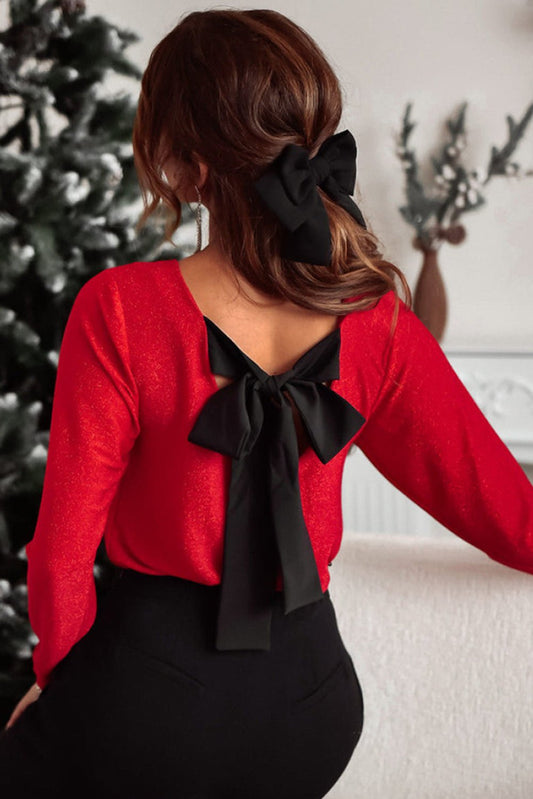 Bowknot V - Neck Long Sleeve Blouse - Cart Retail