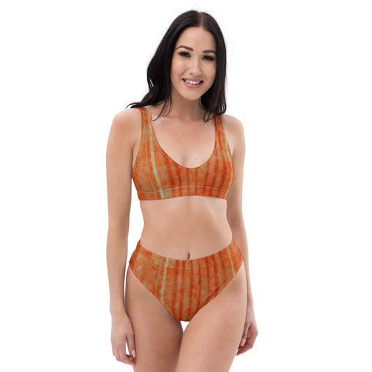 “Warm Blue Striped Suit” Recycled High-waisted Bikini