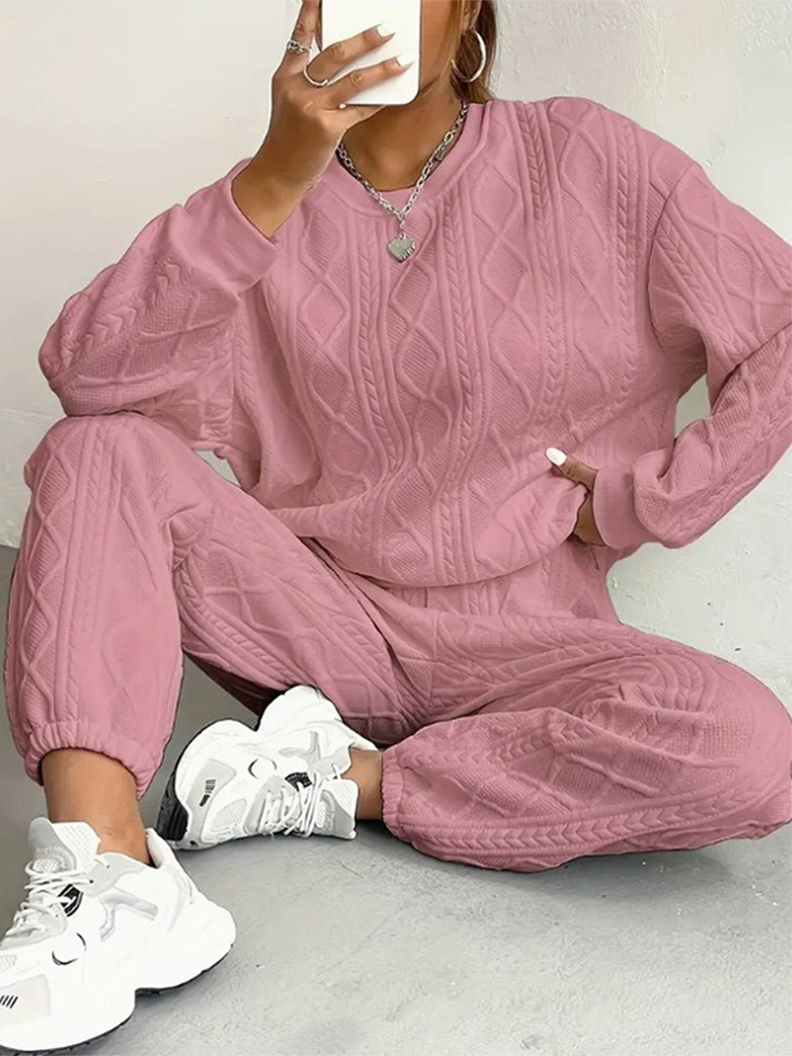 Texture Round Neck Top and Pants Set in Pink at Cart Retail