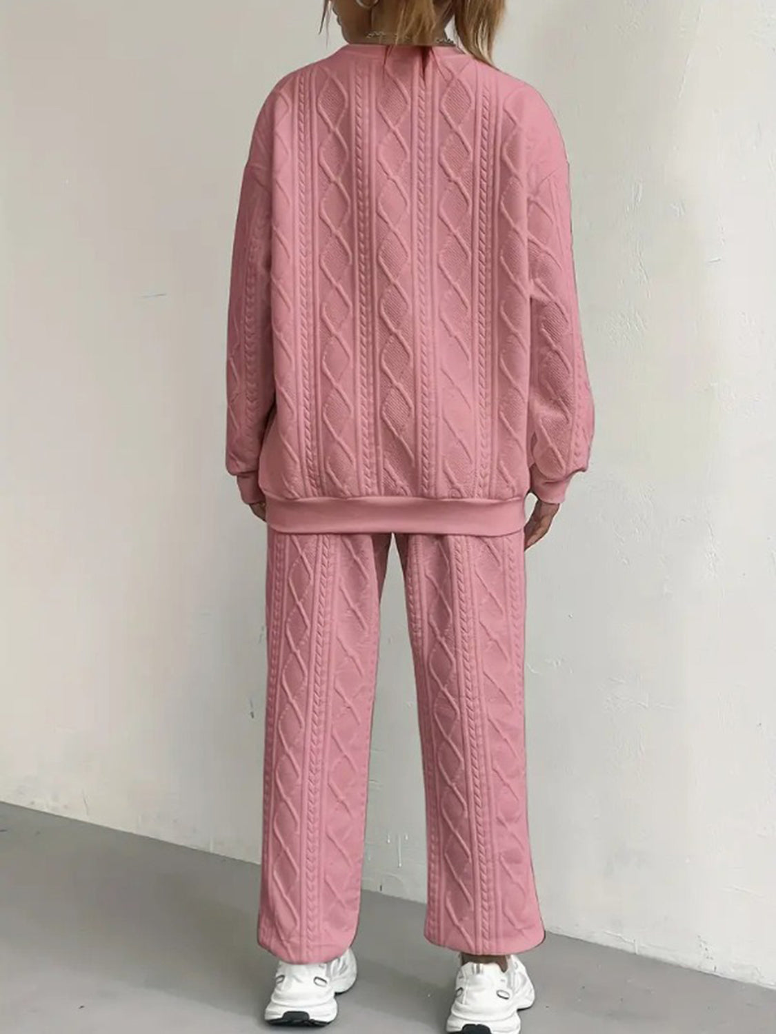 Texture Round Neck Top and Pants Set in Pink at Cart Retail