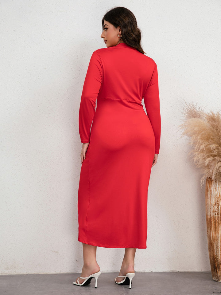 Ruched Slit Plunge Long Sleeve Dress