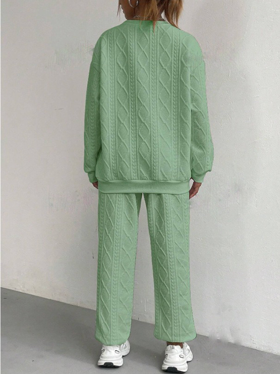 Texture Round Neck Top and Pants Set in Green at Cart Retail