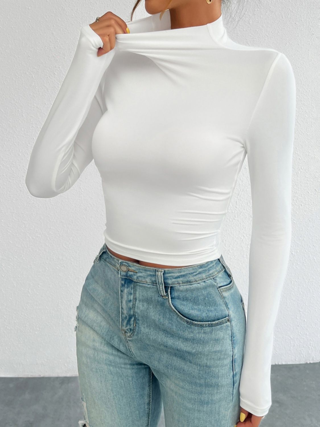 White Devine Mock Neck Long Sleeve T-Shirt by Cart Retail