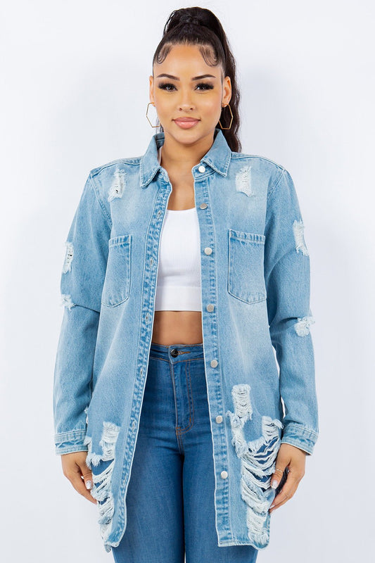 American Bazi Distressed Button Up Long Sleeve Denim Jacket - Cart Retail