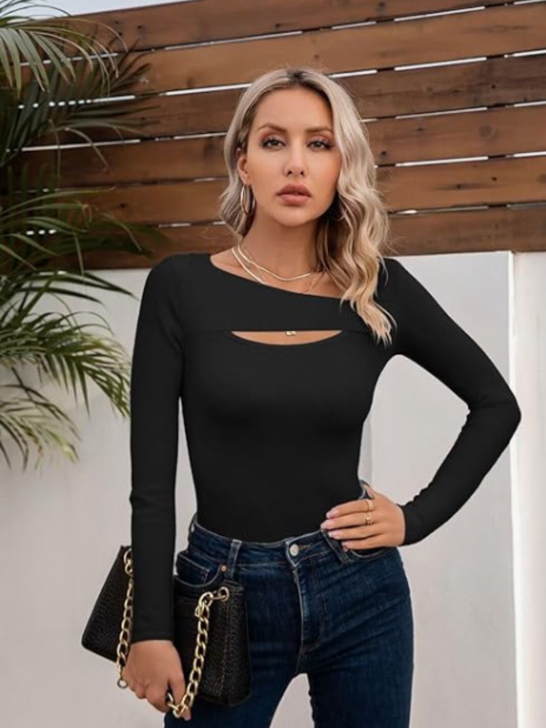 Asymmetrical Neck Long Sleeve T-Shirt - Cart Retail