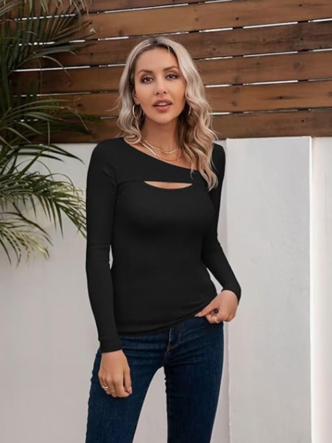 Asymmetrical Neck Long Sleeve T-Shirt - Cart Retail