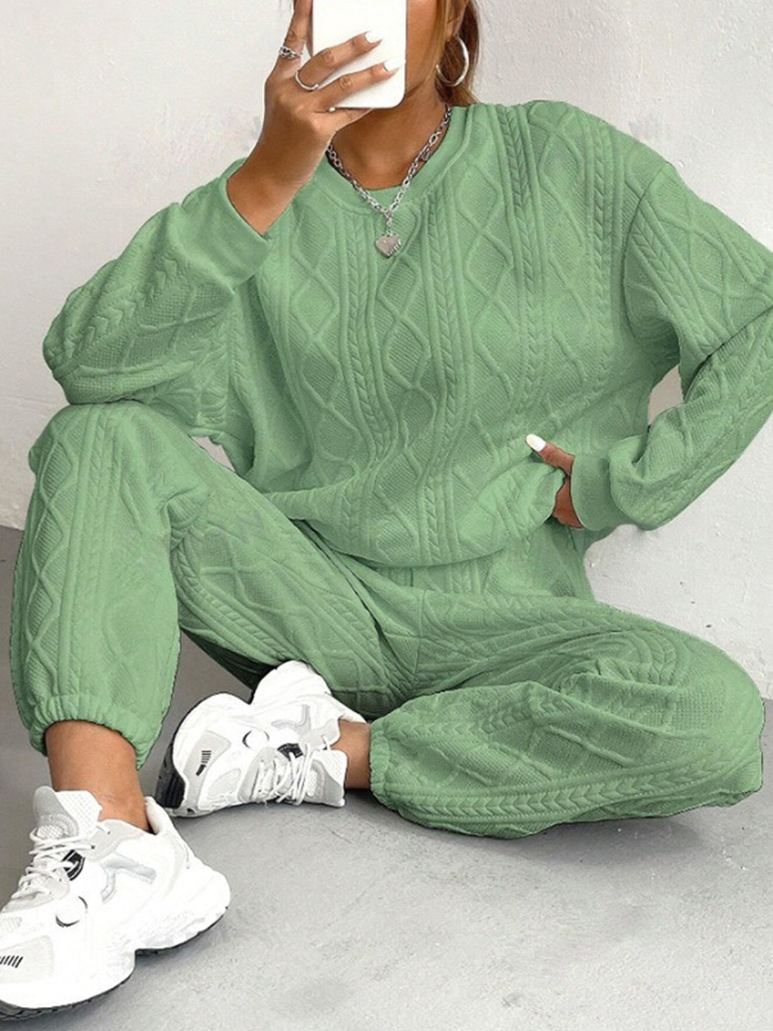 Texture Round Neck Top and Pants Set in Green at Cart Retail