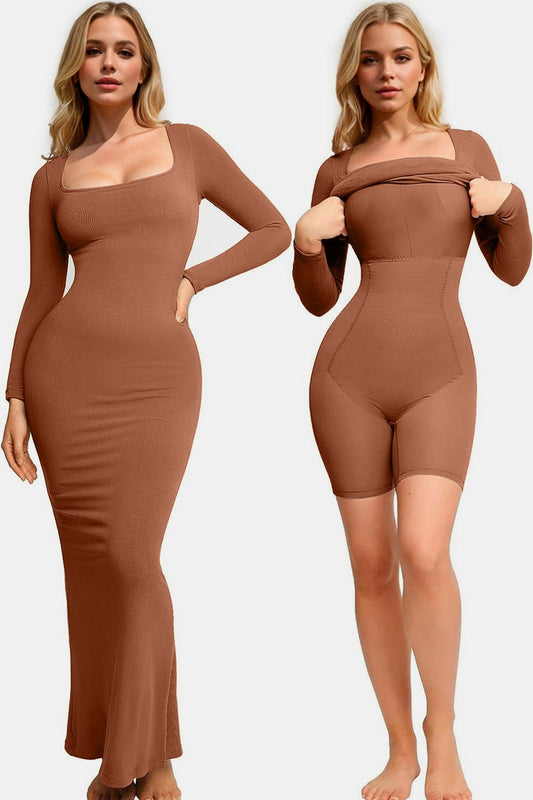 Basic Bae Built - In Shapewear Square Neck Long Sleeve Maxi Dress - Cart Retail