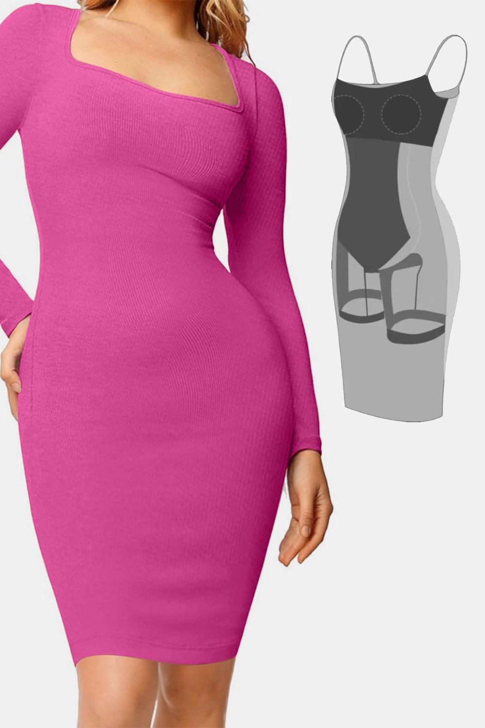 Basic Bae Full Size Built - In Shapewear Square Neck Long Sleeve Dress - Cart Retail