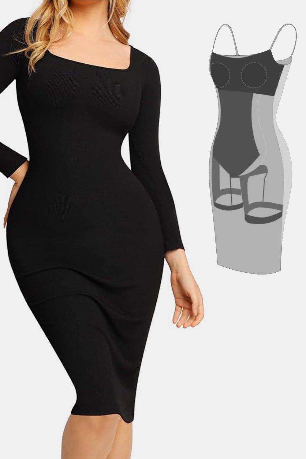 Basic Bae Full Size Built - In Shapewear Square Neck Long Sleeve Dress - Cart Retail