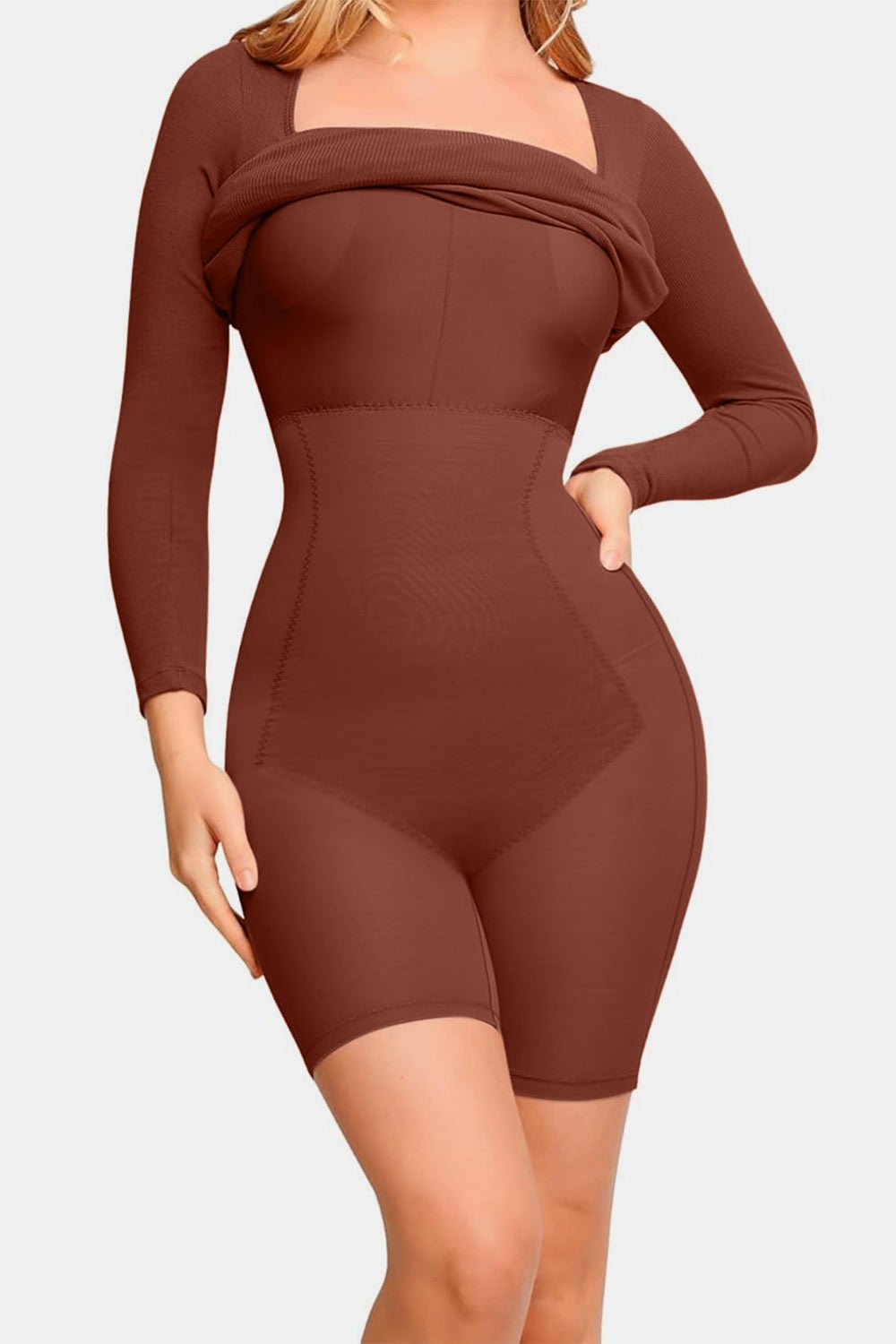 Basic Bae Full Size Built - In Shapewear Square Neck Long Sleeve Dress - Cart Retail