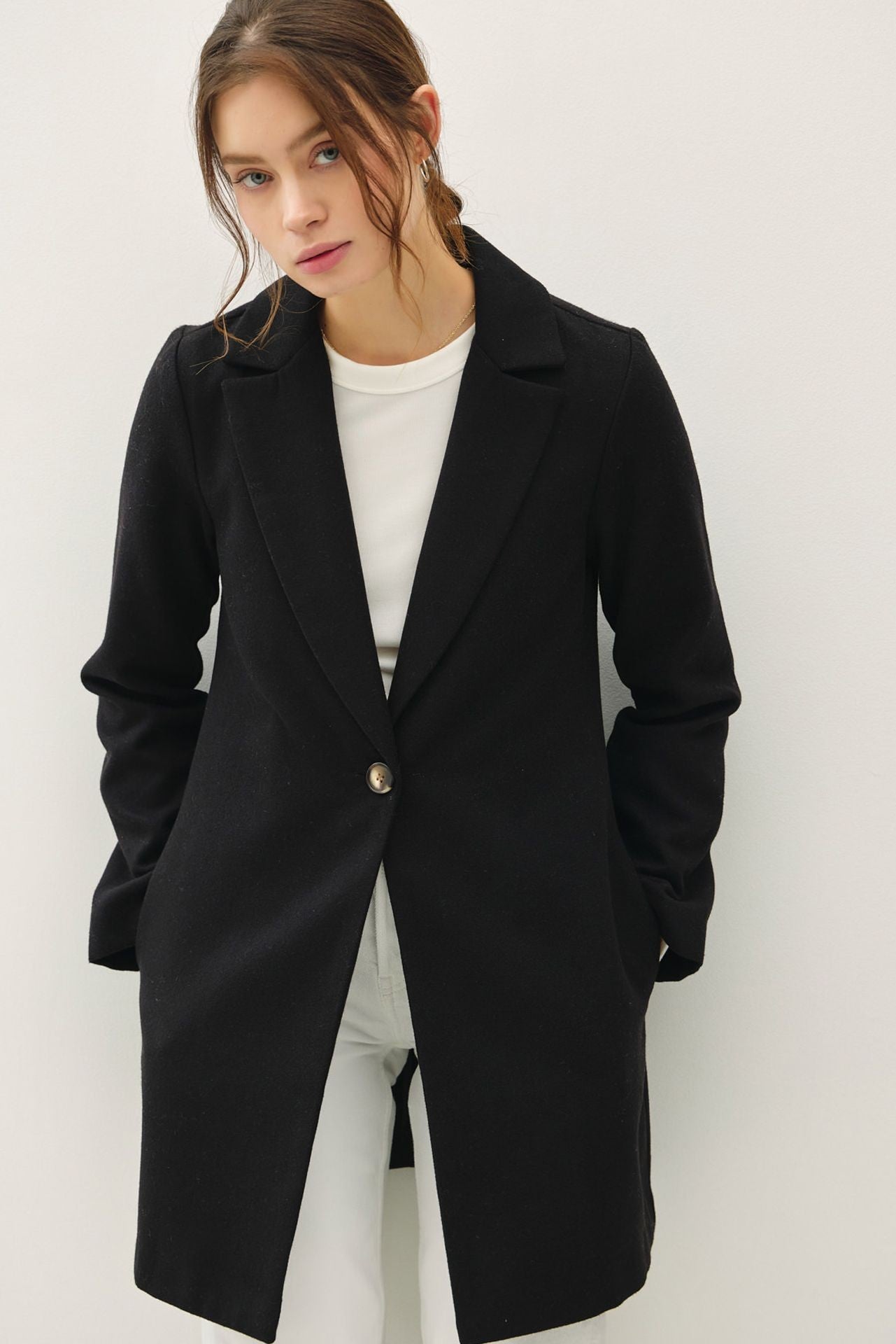 Be Cool Single Button Long Sleeve Coat with Pockets - Cart Retail