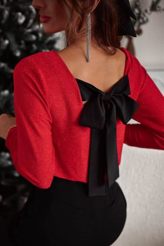 Bowknot V - Neck Long Sleeve Blouse - Cart Retail