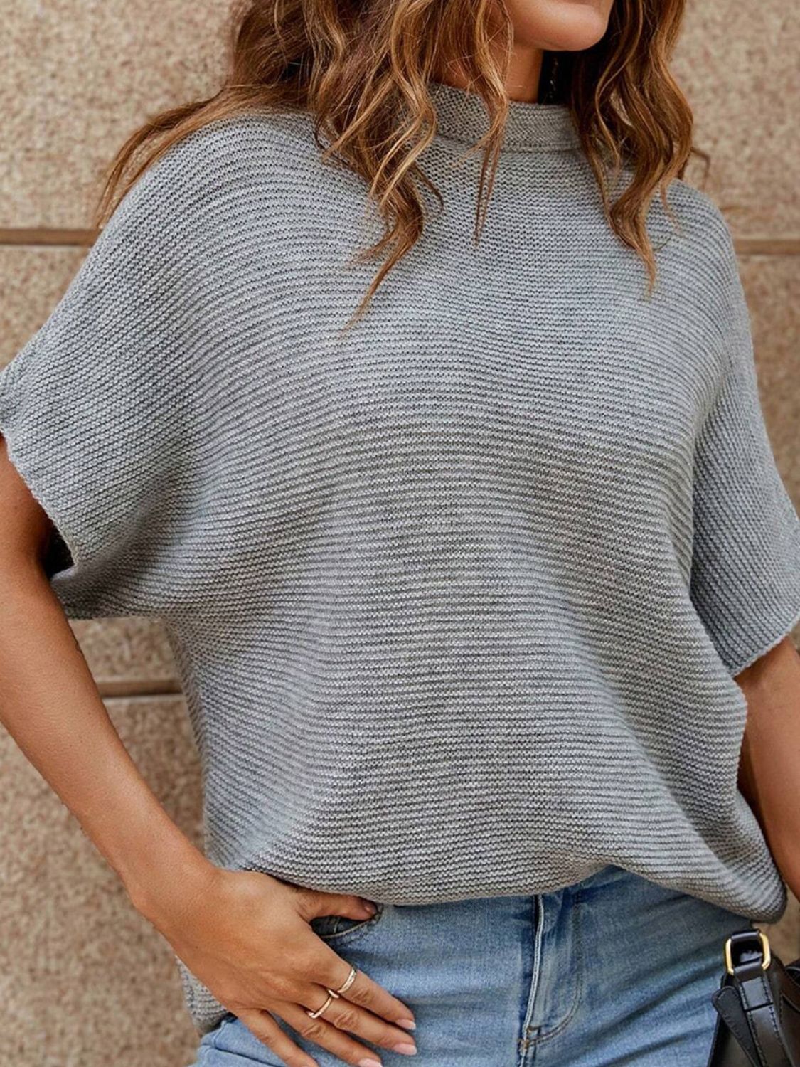 Mock Neck Short Sleeve Sweater in Cloudy Blue - Cart Retail