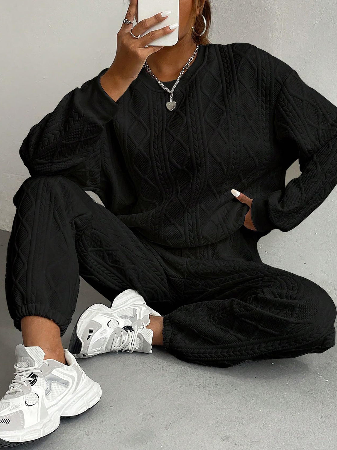 Texture Round Neck Top and Pants Set in Black at Cart Retail