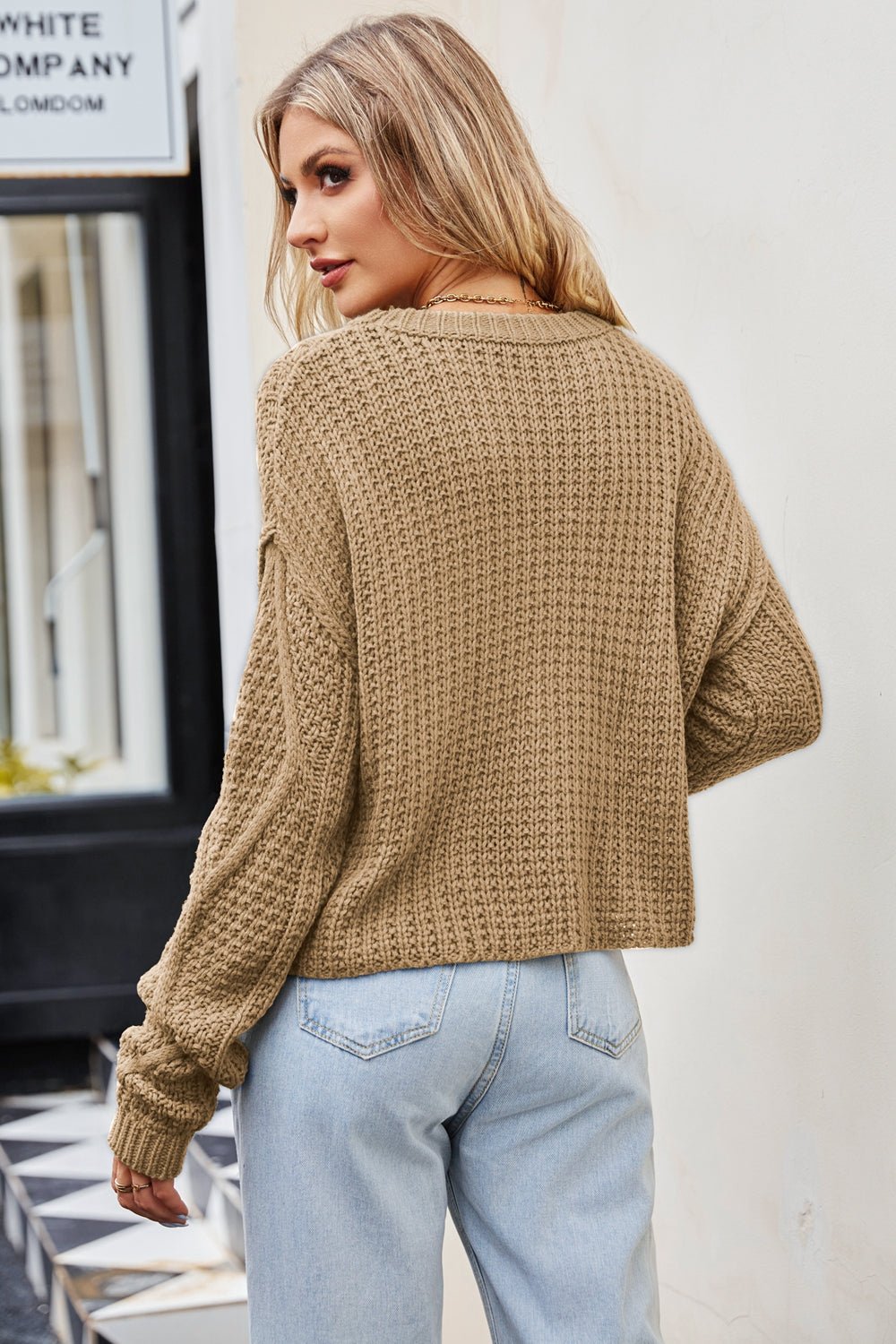 Cable - Knit Round Neck Dropped Shoulder Sweater - Cart Retail