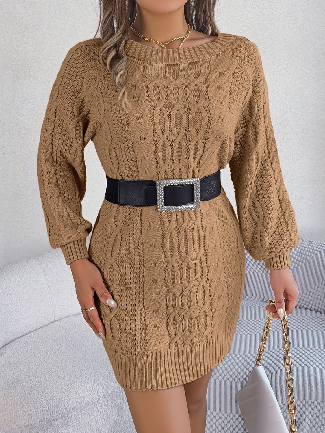 Cable - Knit Round Neck Sweater Dress - Cart Retail