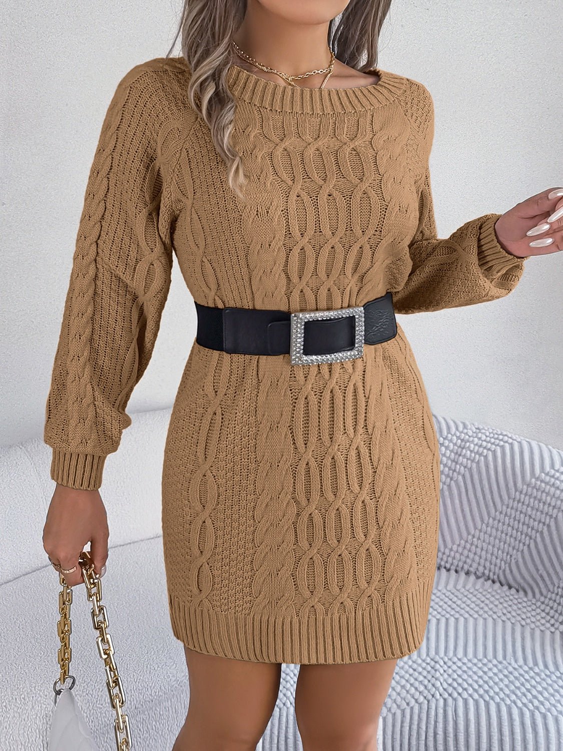 Cable - Knit Round Neck Sweater Dress - Cart Retail