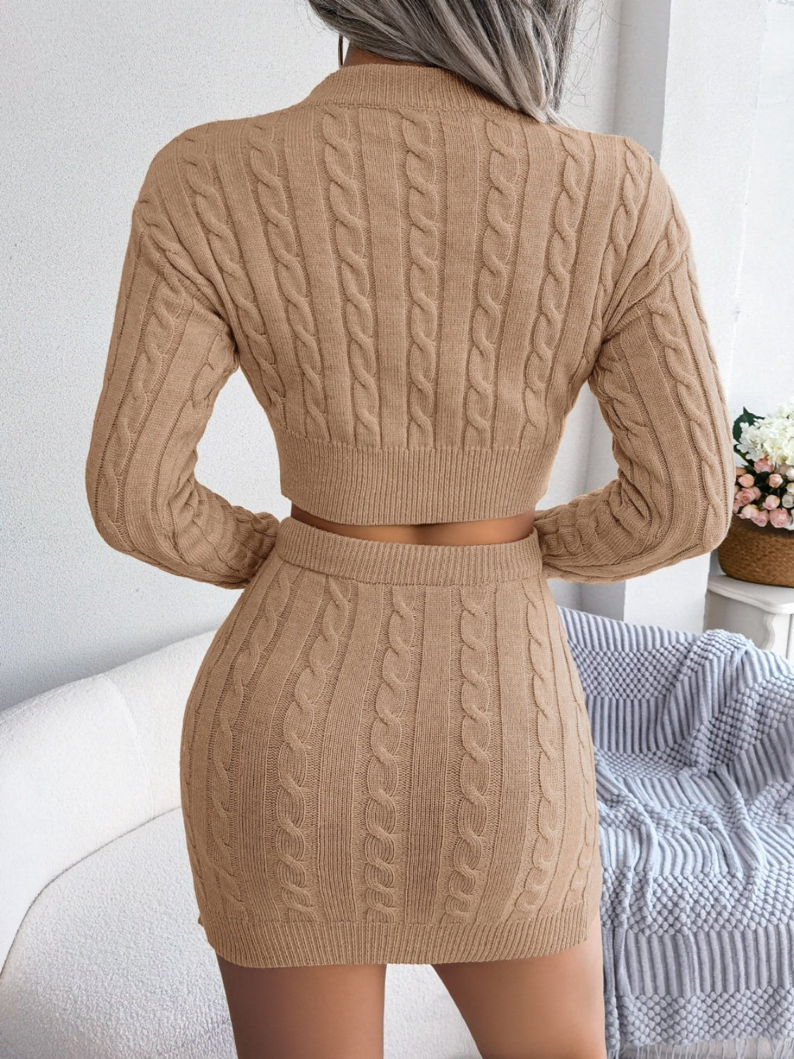 Cable - Knit Round Neck Top and Skirt Sweater Set - Cart Retail