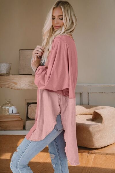 Contrast Texture Round Neck Long Sleeve Blouse - Cart Retail