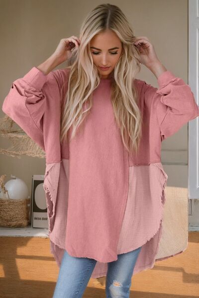 Contrast Texture Round Neck Long Sleeve Blouse - Cart Retail