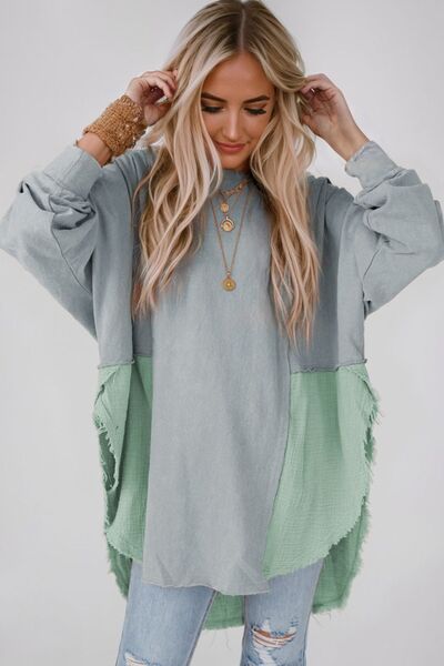 Contrast Texture Round Neck Long Sleeve Blouse - Cart Retail