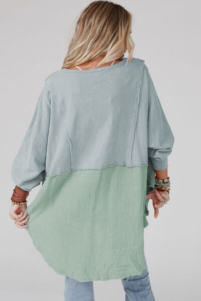 Contrast Texture Round Neck Long Sleeve Blouse - Cart Retail