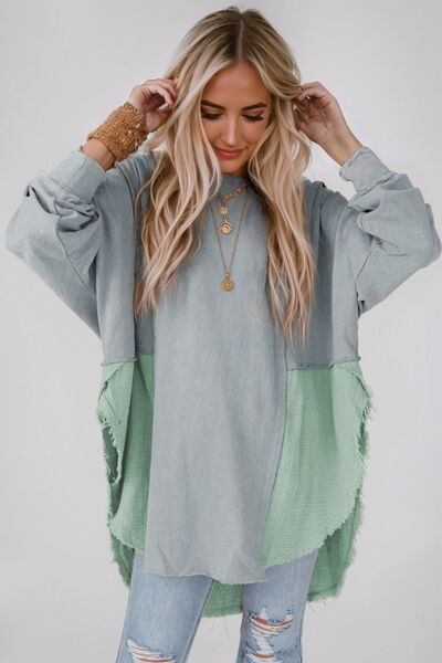 Contrast Texture Round Neck Long Sleeve Blouse - Cart Retail