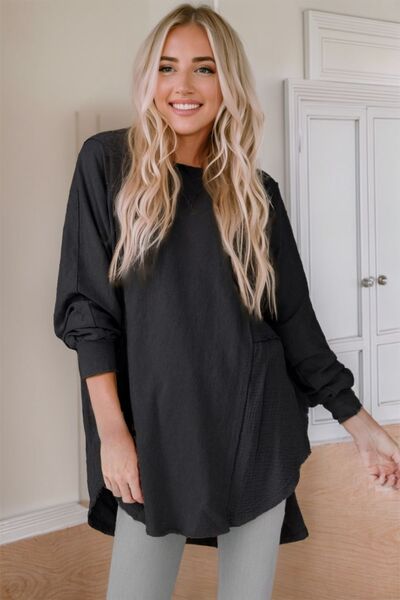 Contrast Texture Round Neck Long Sleeve Blouse - Cart Retail