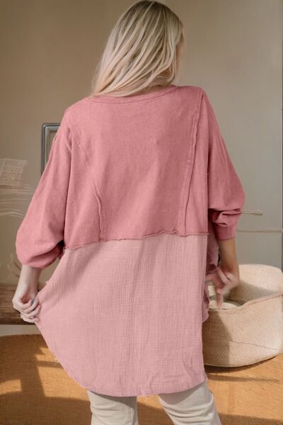 Contrast Texture Round Neck Long Sleeve Blouse - Cart Retail