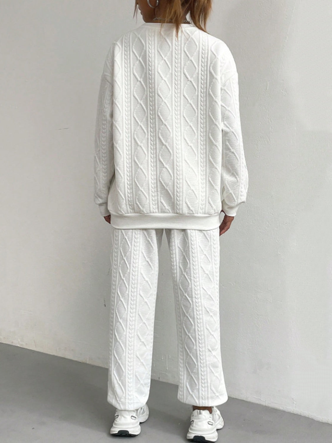 Texture Round Neck Top and Pants Set in White at Cart Retail