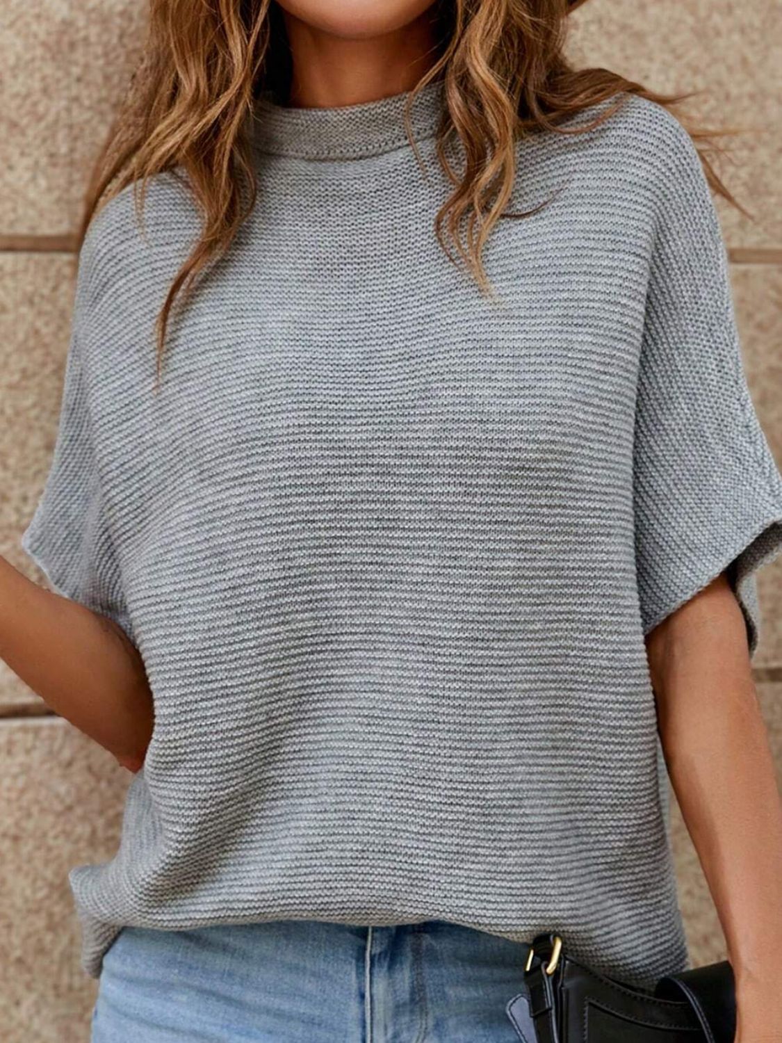 Mock Neck Short Sleeve Sweater in Cloudy Blue - Cart Retail