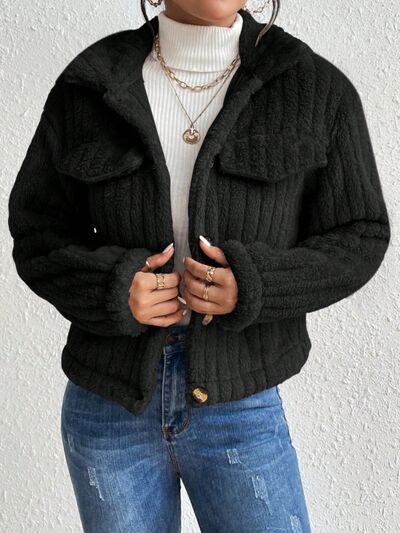 Black ribbed plush fuzzy jacket