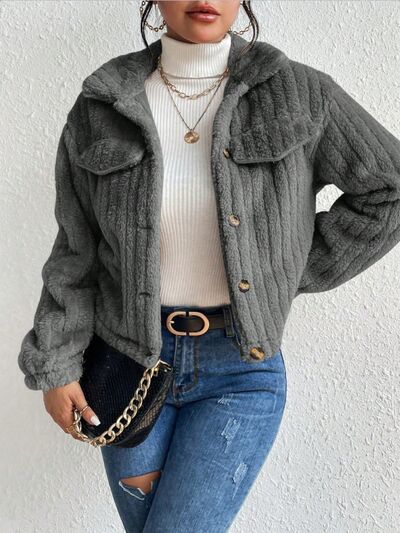Fuzzy Button Up Collared Neck Jacket